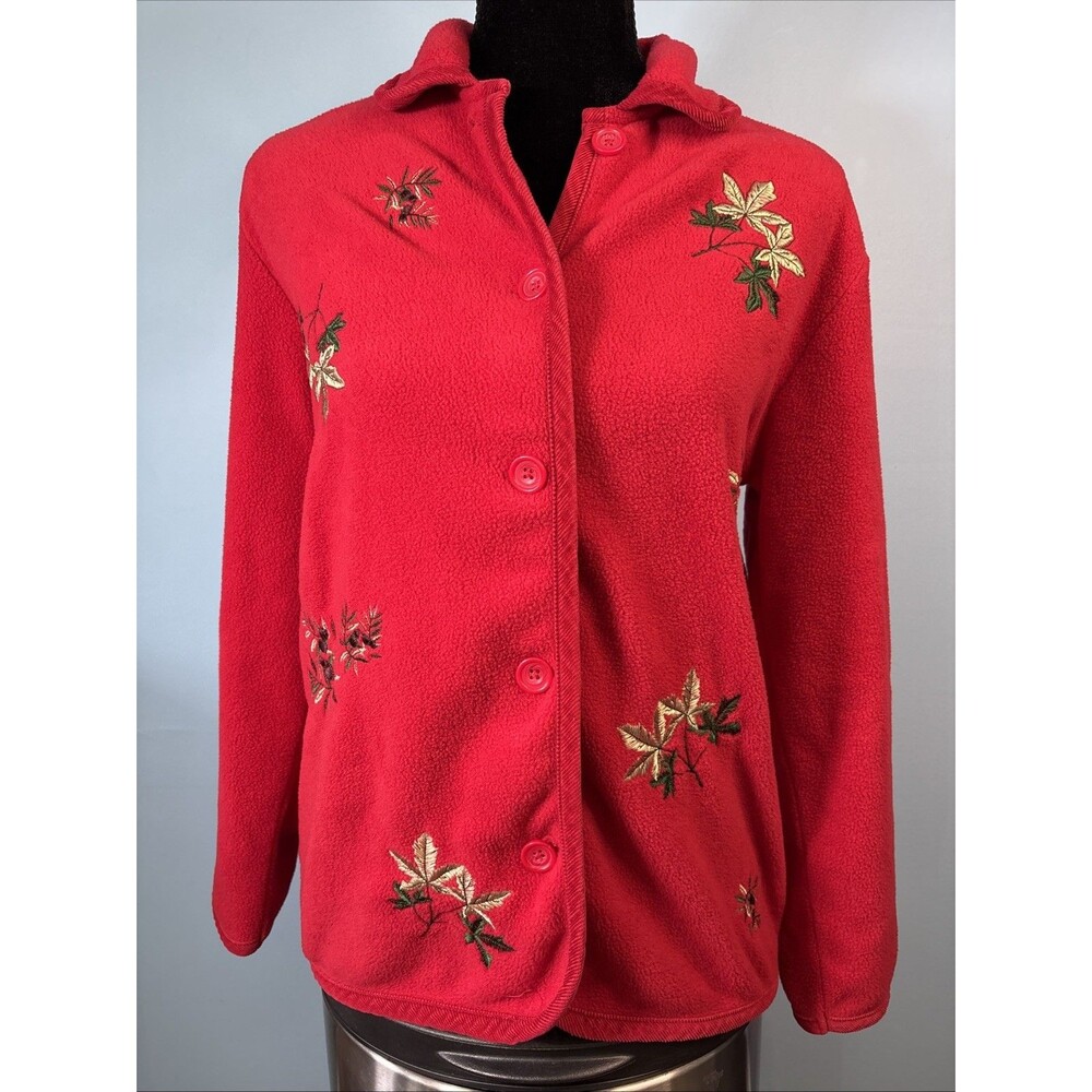 Cherokee Embroidered Leaves Button-Front Red Fleece Jacket Sweater (Womenβs S)